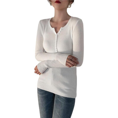 

Korean Single-Breasted V Collar Slim Fit Knit Basic Sweater Women Tops
