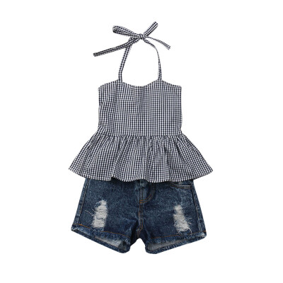 

Summer Kids Baby Girls Sleeveless Tops T-Shirt Denim Shorts Outfits Clothes Set