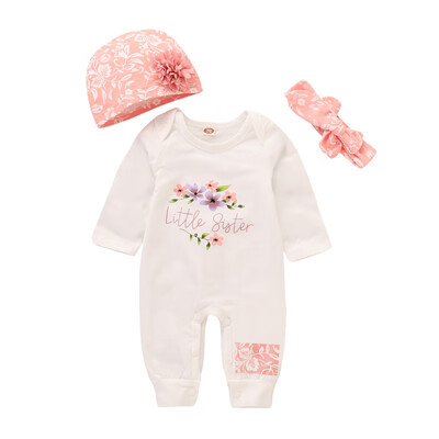 

New Baby Romper Baby Romper Girl Autumn And Winter Long-Sleeved Printed Jumpsuit Hat Hair Band Three-Piece Suit