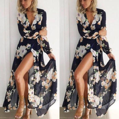 

UK Women Ladies Floral Print Long Sleeve Boho Evening Party Long Maxi Dress