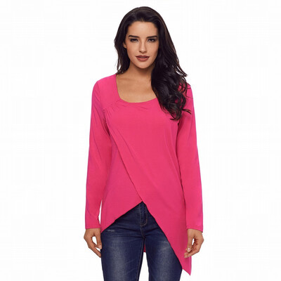 

Solid color round neck long sleeve hem shirt style long casual top
