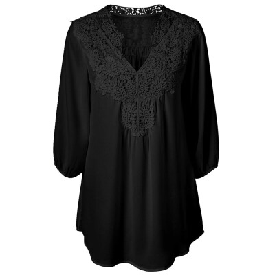 

Women\s V Neck Solid Color Lace Patchwork Plus Size Chiffon Blouse