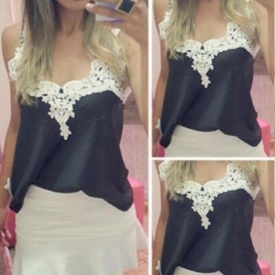 

Women Lace Stitching Strap Chiffon T-Shirt Loose Casual Blouse Top Hobo Sunwear