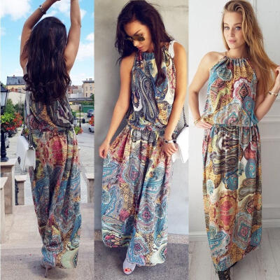 

Boho Women Floral Maxi Dress Sleeveless Summer Evening Long Skirt Beach Sundress