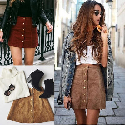 

Fashion Women High Waist Lace Up Suede Leather Pocket Preppy Short Mini Skirt