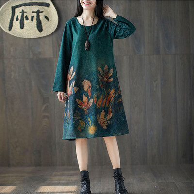

Tailored Fashion Women Plus Size Folk-Custom Loose Floral Printed Cotton And Linen Dress