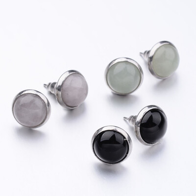 

304 Stainless Steel Stud Earrings with Mixed Stone Cabochon 16mm Pin 07mm