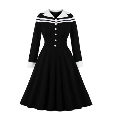 

Tailored Fashion Women Long Sleeve Solid V-Neck Vintage Button Dress
