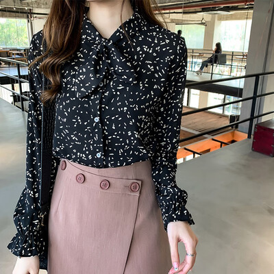 

2019 Cute Women Blouse Chiffon Shirt Lace Up Collar Bow Long Sleeve Top White Pink Autumn Blouses Plus Size