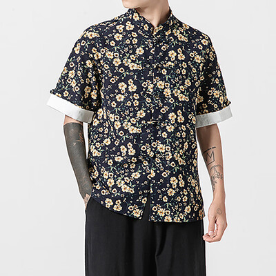 

Toponeto Mens Print Short Sleeve MultiColor Stand Neck Loose Casual T Shirt Blouse Tops