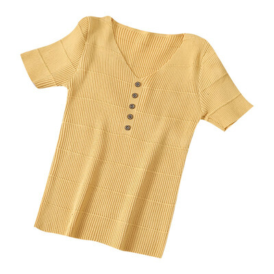 

Solid Short Sleeve Summer Tee Top Women V-collar Concise T-shirts femme Personality All-match streetwear