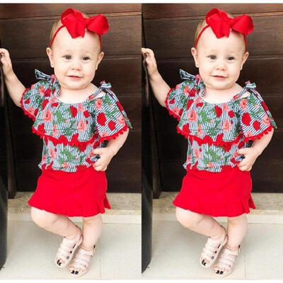 

Casual Toddler Kids Baby Girl Floral Stripe Tops Red Skirt Summer Outfits Set Clothes 1-6T