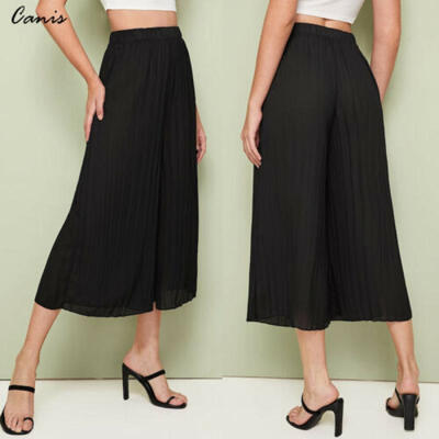 

US Women Solid Pleated Wide Leg Elastic Waist Casual 34 Pants Culottes Trousers