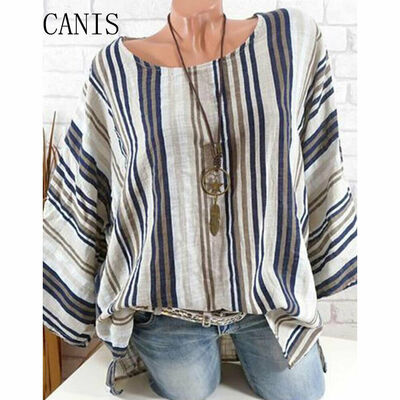 

Plus Size Women Tops Long Sleeve Blouse Cotton Linen Striped Baggy Loose T-Shirt