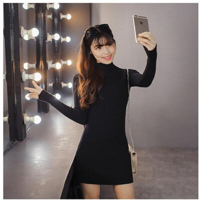 

Women Knit Slim Autumn Winter Long Sleeve Dress Women Hip Sweaters Solid Color Long Tops Dress