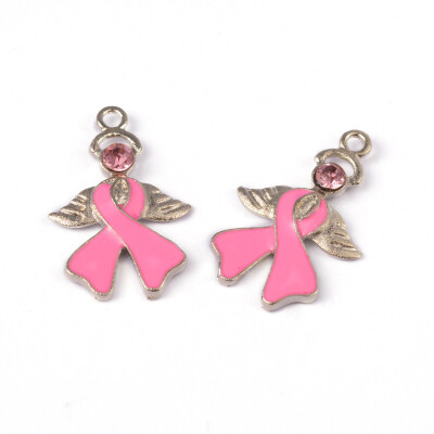 

PH PANDAHALL 10 Pcs Breast Cancer Awareness Ribbon with Angel Wing Alloy Rhinestone Enamel Pendants