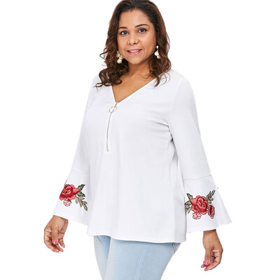 

Plus Size Zipper Bell Sleeve Embroidered V Neck Blouse