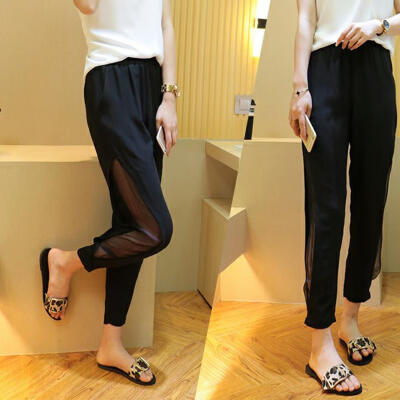 

Women Straight Lantern Pants Side Split Mesh Loose Elastic Waist Trousers