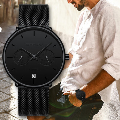 

Gobestart CRRJU Mens Watch Waterproof Calendar Steel Mesh with Chronograph Quartz Watch
