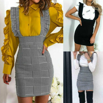 

Womens Braces Skirt Suspender Check Frill Ruffle Trim Pinafore Dress Bodycon UK