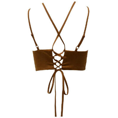 

Women Suede Crop Top Cross Hollow Out Bustier Bralette Lace Up Backless Camis Vest BlackCamel