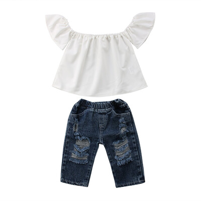 

Newborn Toddler Kids Girls Off Shoulder TopsDenim Pants Hole Jeans Outfits Set KID BABY