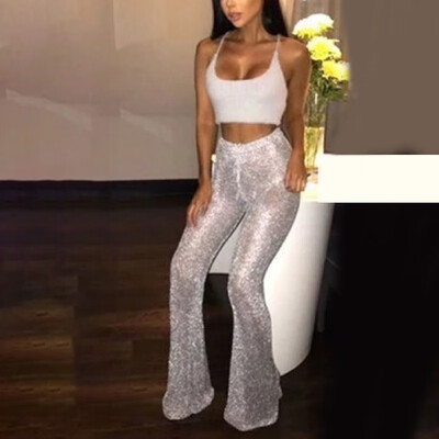

2019 Women Flare Shiny Leggings Mermaid Ruffle Bell Bottom Pants For Women