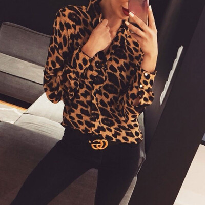 

Women Leopard Print Top Long Sleeve V-Neck Autumn Loose irregular T-Shirt Blouse