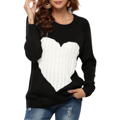 

Autumn Women Sweaters Knitted Heart Pattern Print Long Sleeve Loose Tops