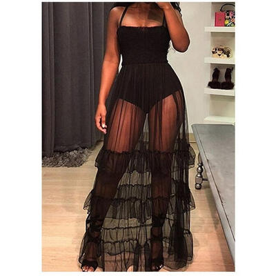

2018 New Fashion Women Sexy Spaghetti Strap Sheer Mesh Ruffle Skirt Long Maxi Dress