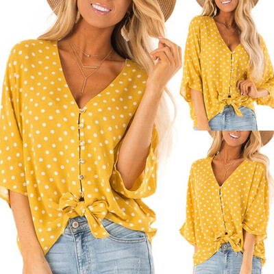 

Nomeni Fashion Womens Short Sleeve Dot Print Button Knot Slash Neck Casual Tops