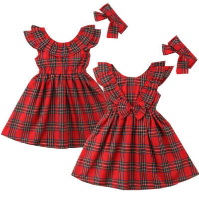 

US Cotton Baby Girl Princess Dress Kid Bow Checked Tutu Party Wedding Dress Xmas