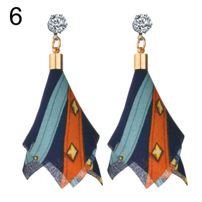 

Fashion Rhinestone Multicolor Printed Fabric Cloth Dangle Earrings Jewelry