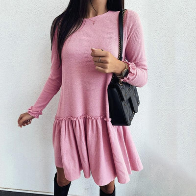 

Women Casual Dress Autumn Winter Solid O-neck Long Sleeve Ruffle Basic Party Mini Dress GreyPink