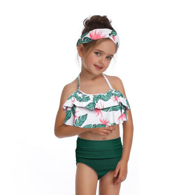 

Parent-child Swimsuit Leaf Print Halter Bikini Set Mommy Daughter Swimwear