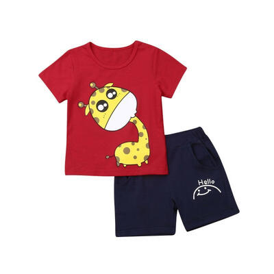 

Toddler Baby Boy 2 Piece Shorts Outfit Adorable Cartoon Giraffe Print Short Sleeve Red T-Shirt Shorts Set Summer Clothes Set