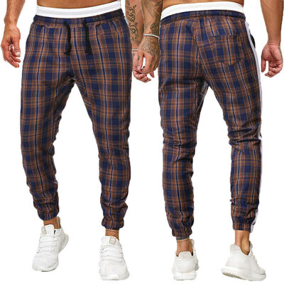

Mens Checkered Track Pants Premium Plaid Stretch Skinny Fit Casual Trousers Pant