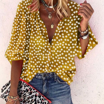 

Womens Floral Print Half Sleeves V Neck Blouse Casual Loose Button Down Tops