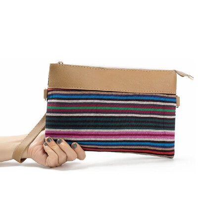 

New Vintage Women Canvas Clutch Bag PU Splice Striped Print Wrist Strap Street Shoulder Handbag