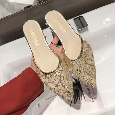 

Ins slippers for women wearing summer pointed Baotou shallow half-slipper Korean version of Baitao sequined Muller shoes