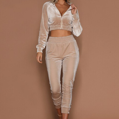 

2019 Autumn Women Fashion Sport Solid color Long sleeve Short paragraph sweatshirt Trousers Set