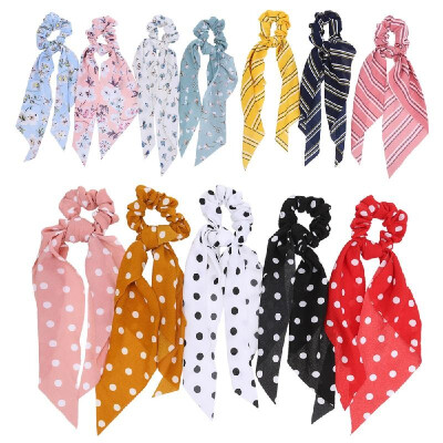 

12PCS Soft Chiffon Hair Scrunchies Elastic Ribbon Bow Scarf Ponytail Holder Floral Stripe Dot Print Hairband for Women Girls