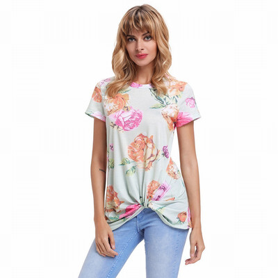 

White V-neck short-sleeved printed hem pleated design straight top T-shirt