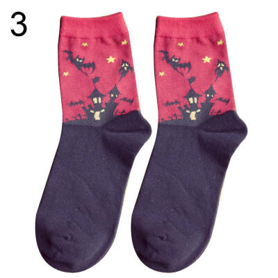 

Halloween Party Haunted House Print Women Breathable Cotton Middle Tube Socks