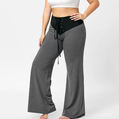 

Gobestart Fashion Womens Casual Plus Size Splice Elastic Waist Bandage Loose Flare Pants