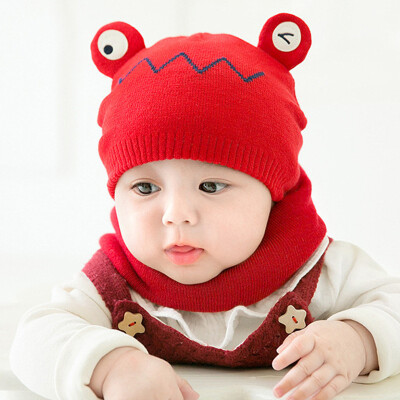 

Korean version of autumn&winter new baby childrens hat cartoon frog knitted cotton hat neck set