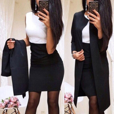 

Tailored Women Fashion O-Neck Splicing Long Sleeve Medium Length Coat Sleeveless Dress