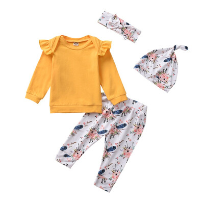 

4PCS Newborn Infant Baby Girls Cotton Tops T-shirt Floral Pants Outfit Clothes
