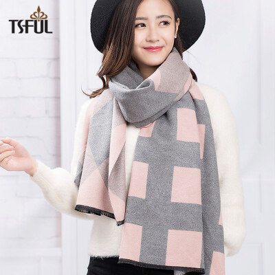 

Tsful scarf female winter bib dual-use warm striped lattice cloak Korean long thick shawl TSO600WJH plaid - pink light gray