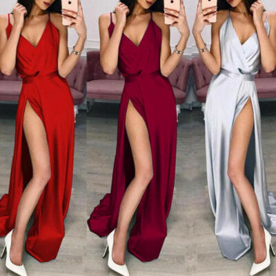 

Elegant Fashion Women Sexy V Neck Solid Long Dress Evening Party Formal Dress US